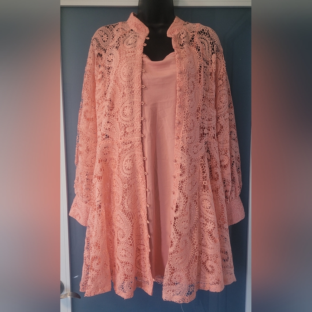 DRESS Peach Crochet Lace Button-Front Tunic SIZE L - Picture 13 of 17